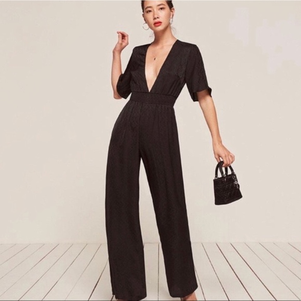 Reformation Silk Jocelyn Jumpsuit in Black (Size 0)